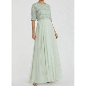Mac Duggal Beaded Bodice Sage Chiffon A-Line Gown #9180 - size 4 -retail $598